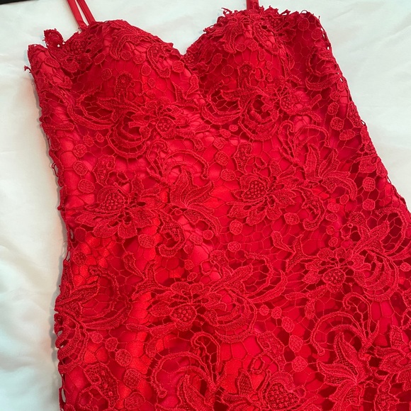 Vintage Red Satin Embroidered Lace Cocktail Dress - Picture 8 of 10